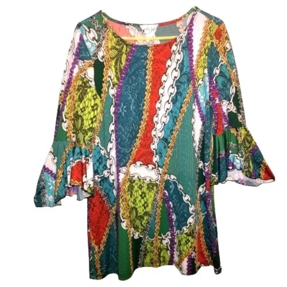 CAMILLE & CO. Chainlink Print Peasant Sleeve Blouse Size M